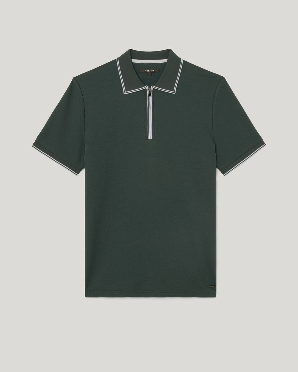 Textured Zip Collar Polo, Forest, hi-res